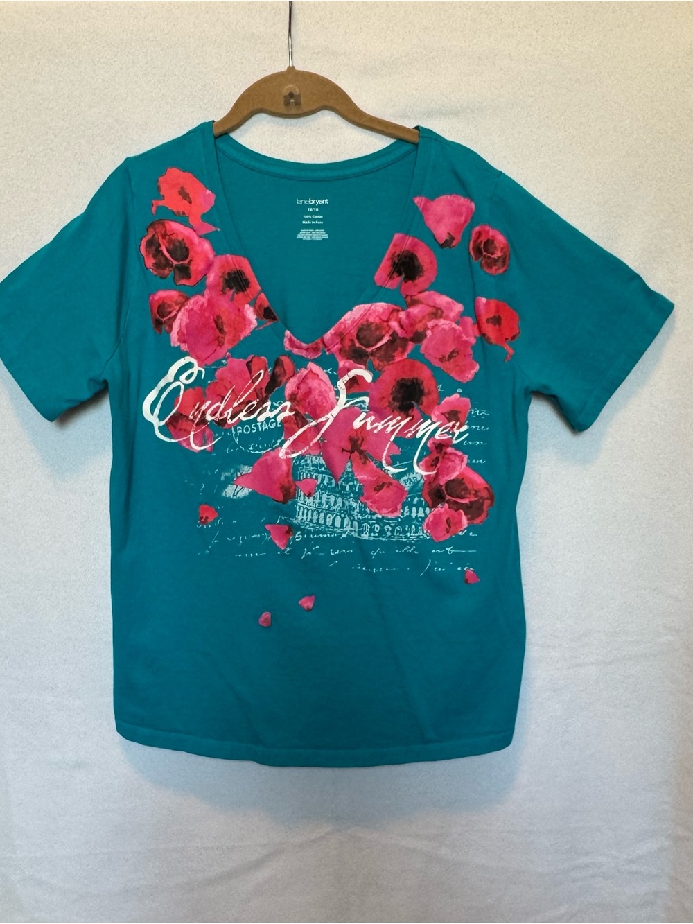 Lane Bryant Blue Graphic Floral T-Shirt Size 14/16 Short Sleeve Vacation Cruise